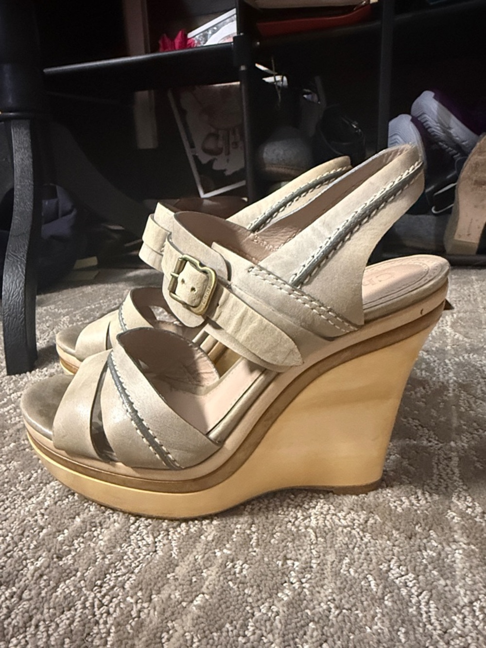 Chloé Neutral Leather Wedge Sandals | 5” Wooden Heel | Beige Strappy Platform - Picture 6 of 9